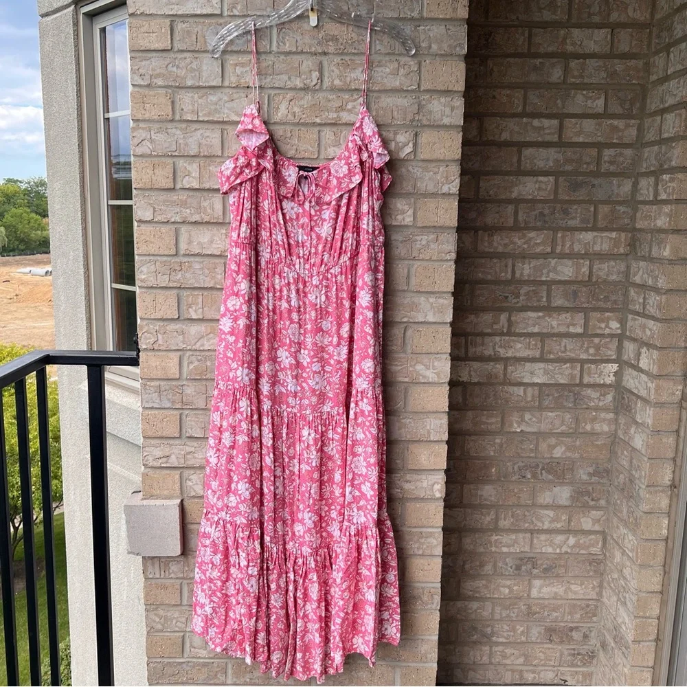 J. Crew Tiered Maxi Dress in Pink Dark Flamingo Tossed Floral